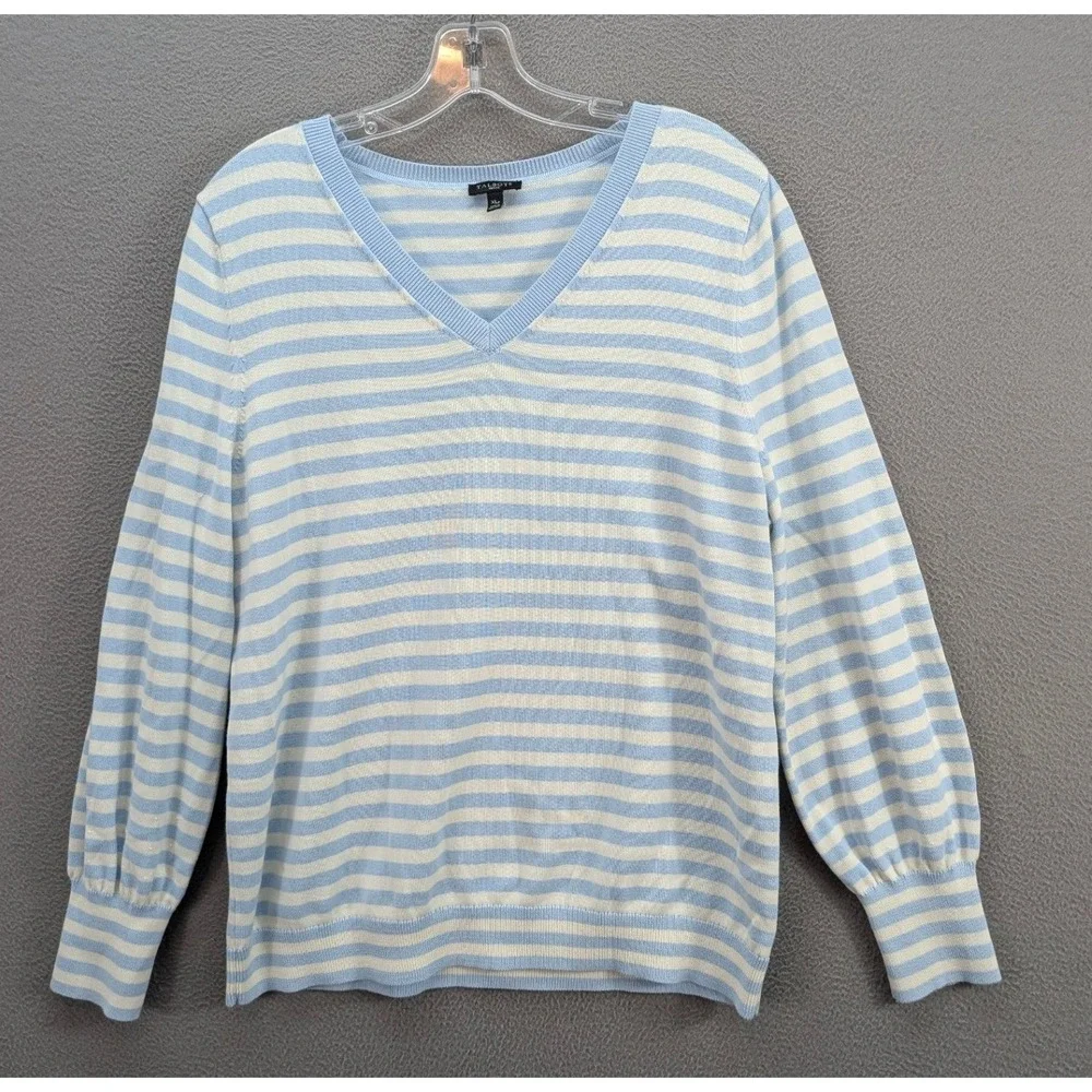 Talbots Striped V-Neck Sweater Womens XLP Blue White Cotton Knit Travel Vacation
